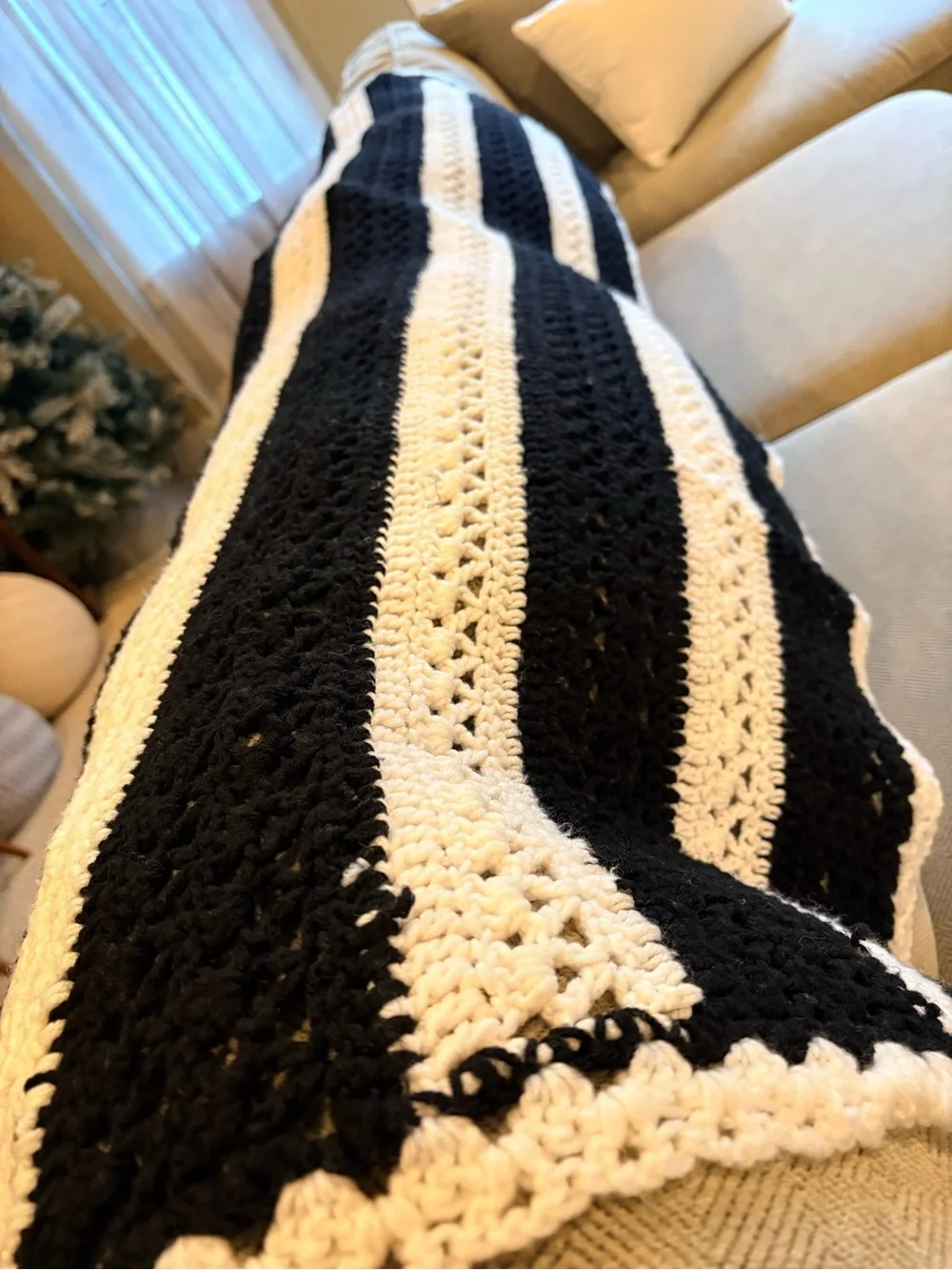 SOLD! Homemade Black & White Striped Crochet Throw Blanket, 84X 33in, blanket on
